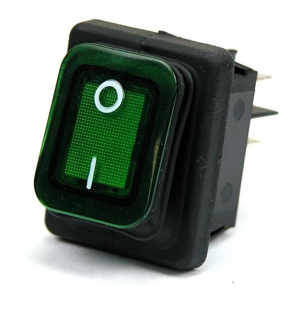 Rocker switch IP-65 25x30mm 2x on/off illuminated green 250Vac - black