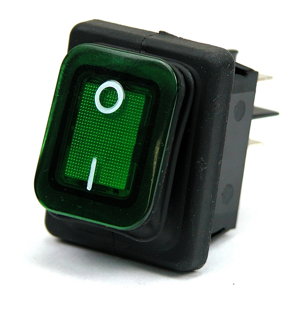 Wipschakelaar IP-65 25x30mm 2x aan/uit met groene verlichting 250Vac - zwart