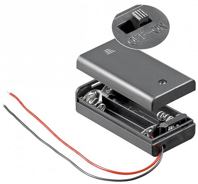 Batteryholder 2x AA-cells with 15cm cable - closed housing and ON/OFF switch