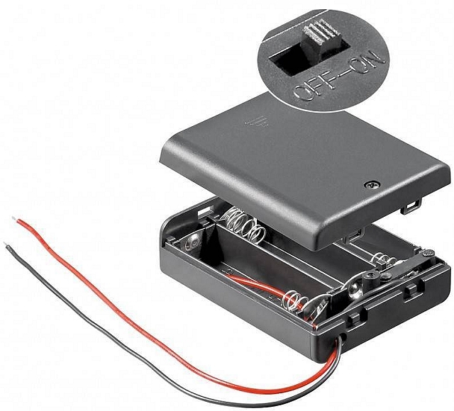 Batteryholder 3x AA-cells with 15cm cable - closed housing and ON/OFF switch