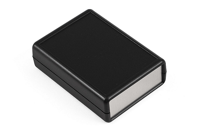 Encloure Hand-Held 92x66x28mm black with batterydoor + alum. panel