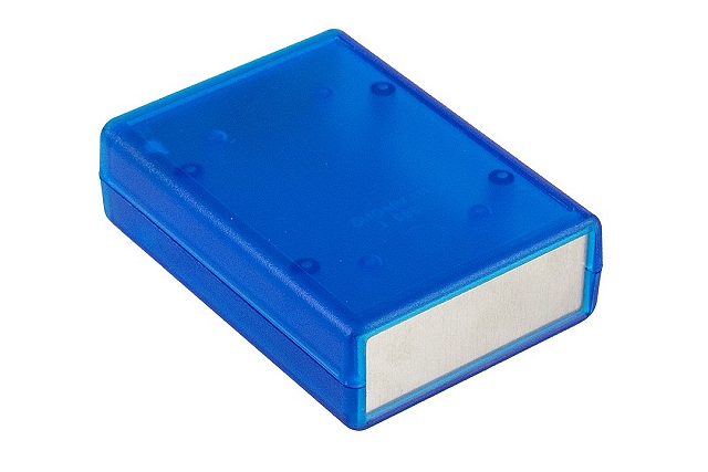 Behuizing Hand-Held 92x66x28mm transp.blauw met batterijvak + los alum.frontpaneel