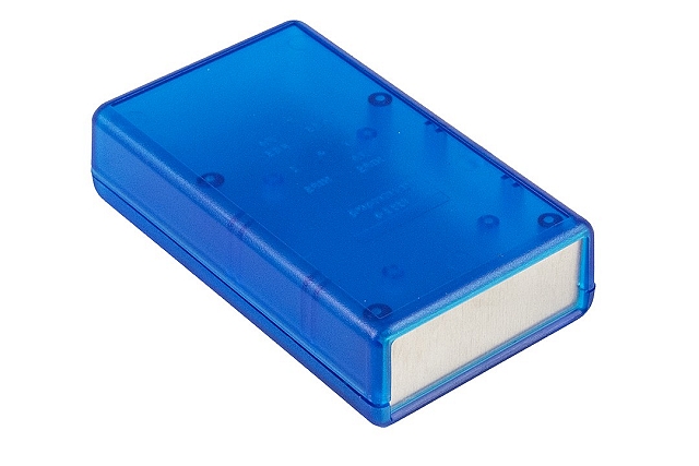 Behuizing Hand-Held 112x66x28mm transp.blauw met batterijvak + los alum. frontpaneel