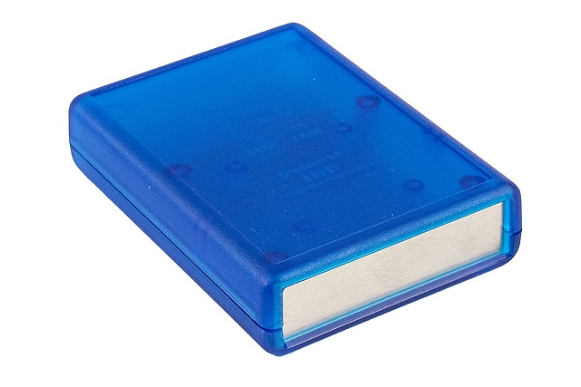 Behuizing Hand-Held 92x66x21mm transp.blauw met batterijvak + los alum. frontpaneel