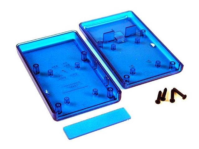 Behuizing Hand-Held 112x66x21mm transp.blauw met batterijvak + los frontpaneel