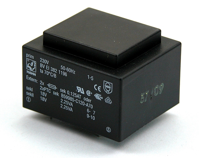 Printtransformer EI38/Ta70/B  4,5VA/230V - 2x7,5V/2x300mA