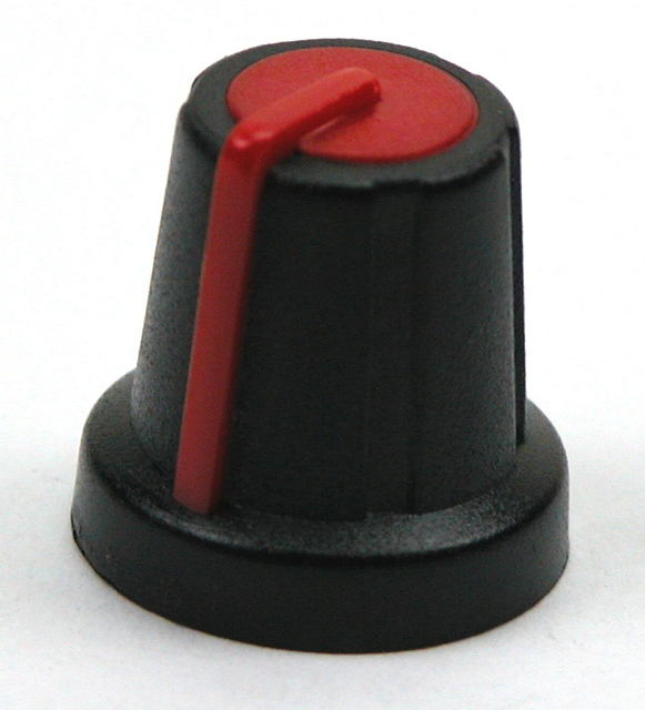 Kunststof knop ø16x16mm ø6mm as - zwart/rood