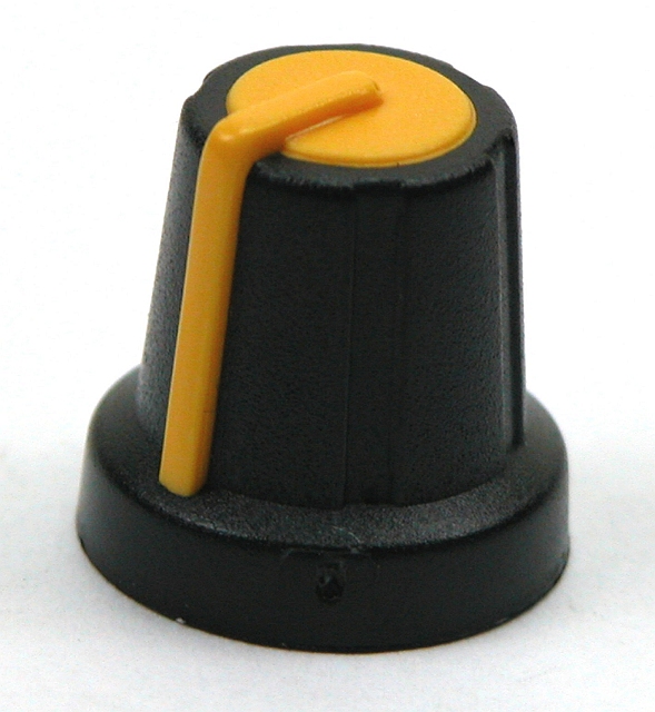 Kunststof knop ø16x16mm ø6mm as - zwart/geel