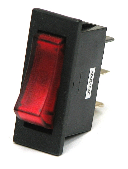 Rocker switch 14x35mm on/off illuminated (red) 10A/250Vac - black