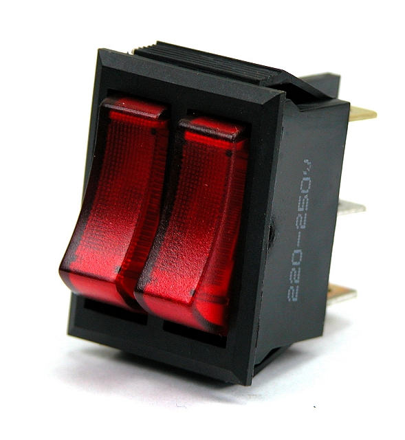 Rocker switch 25,1x33,2mm - 2x 1x on/off illuminated red 250Vac - black
