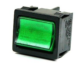 Rocker switch 25x21mm 250Vac/6A on/off illuminated (230V) green