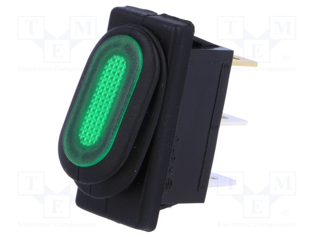 Rocker switch 14x33mm 10A/250V on/off - green indication 250V - IP-65