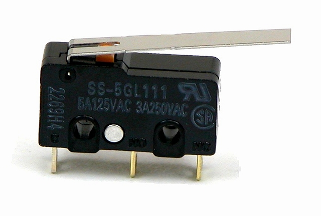 Microswitch 3A/250Vac met lange hefboom