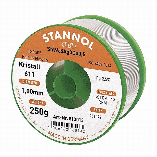 Solder wire  - 250 gram - ø1,0mm - Kristall 611 - Leadfree